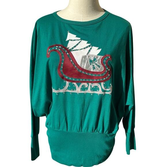 Vintage 80's Menehune Elves Green, Sleigh/Tree, Long Bat Sleeves Top-One Size - Picture 1 of 12